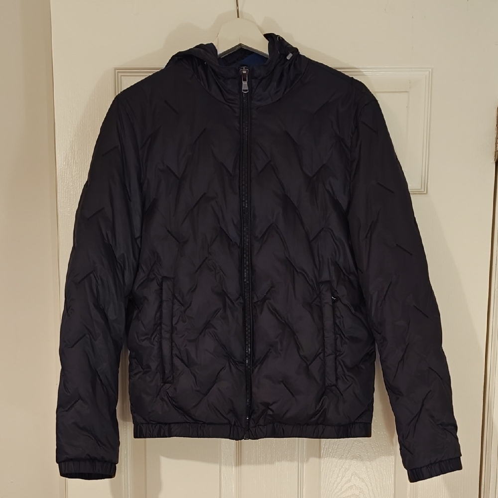 Navy Blue Quilted Down Jacket with Hood